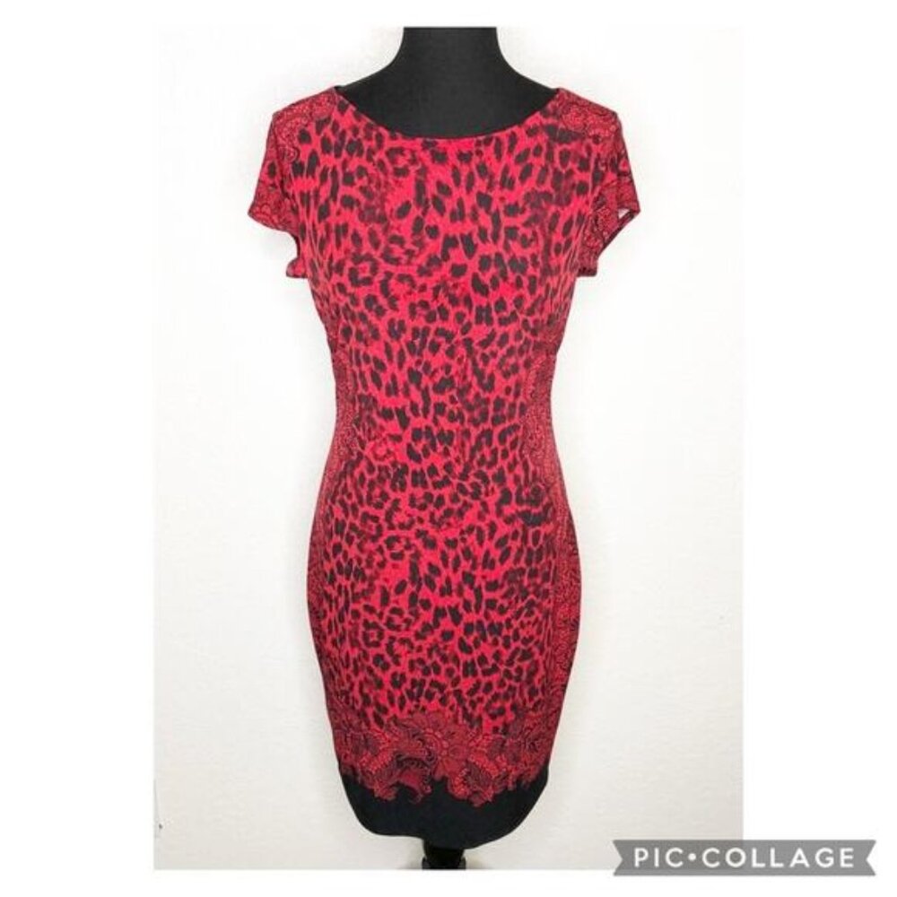 Cache red black leopard animal floral print sheath dress size Medium